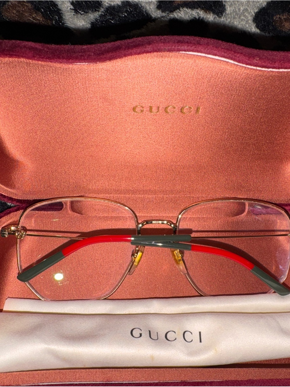 Gucci Gold Metal Glasses with Red and Gray Temples
